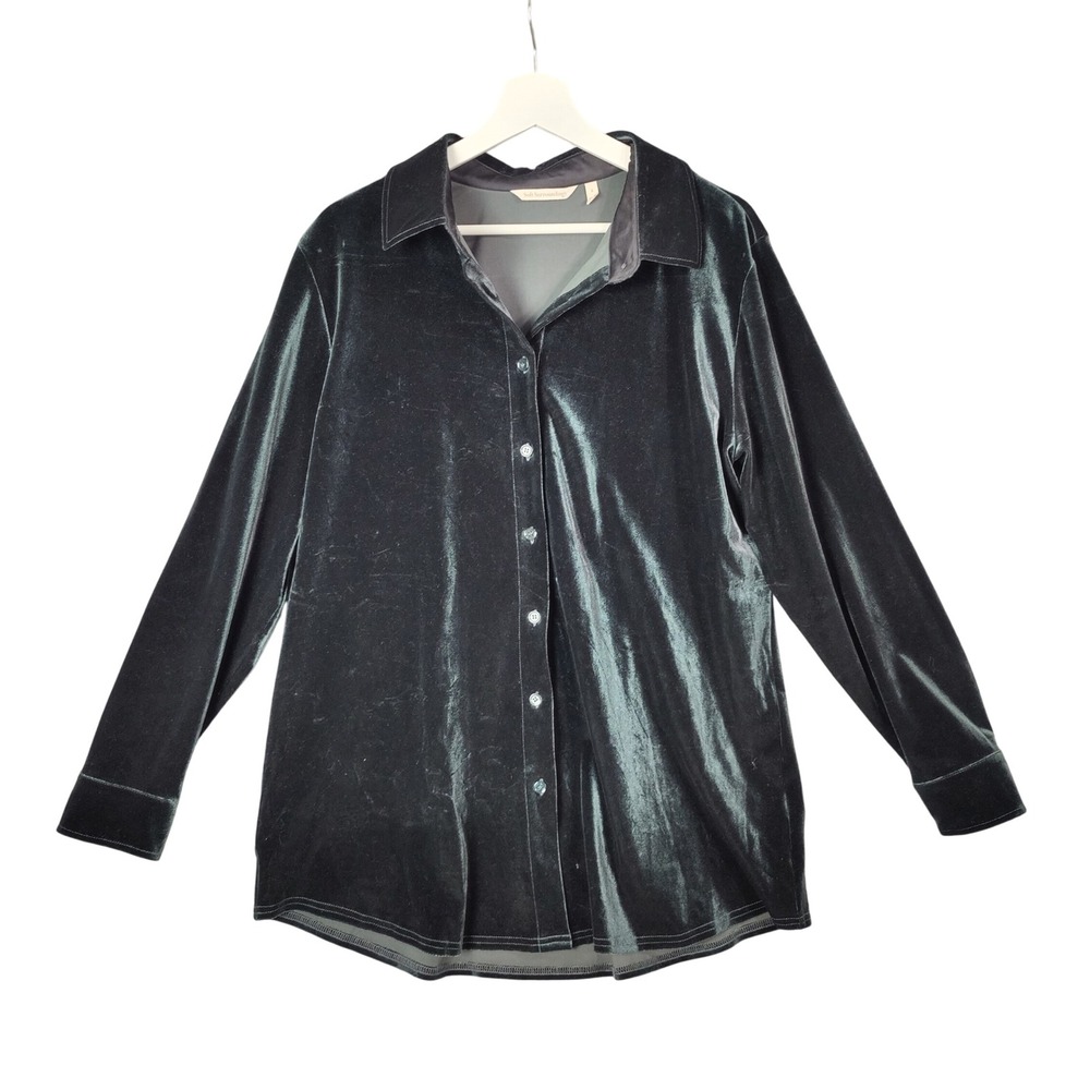 Soft Surroundings Velvet Dressy Button Top Women Large Long Sleeve Forest Green